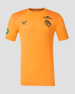 Front view of Leicester Tigers orange training T shirt with Breedon crest on chest and Castore badge; green sleeve patch visible