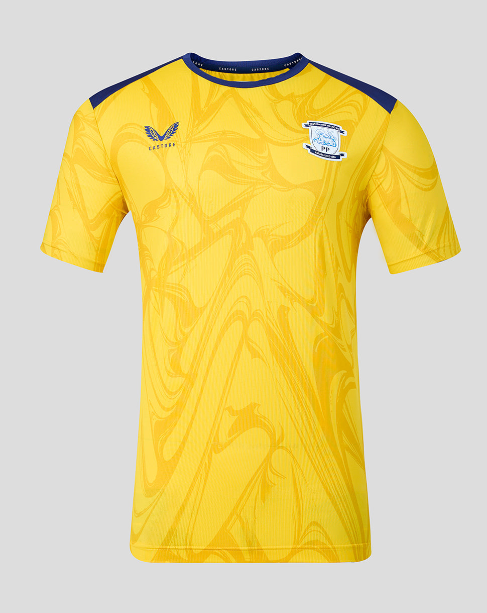 Yellow sports jersey with a logo on a gray background