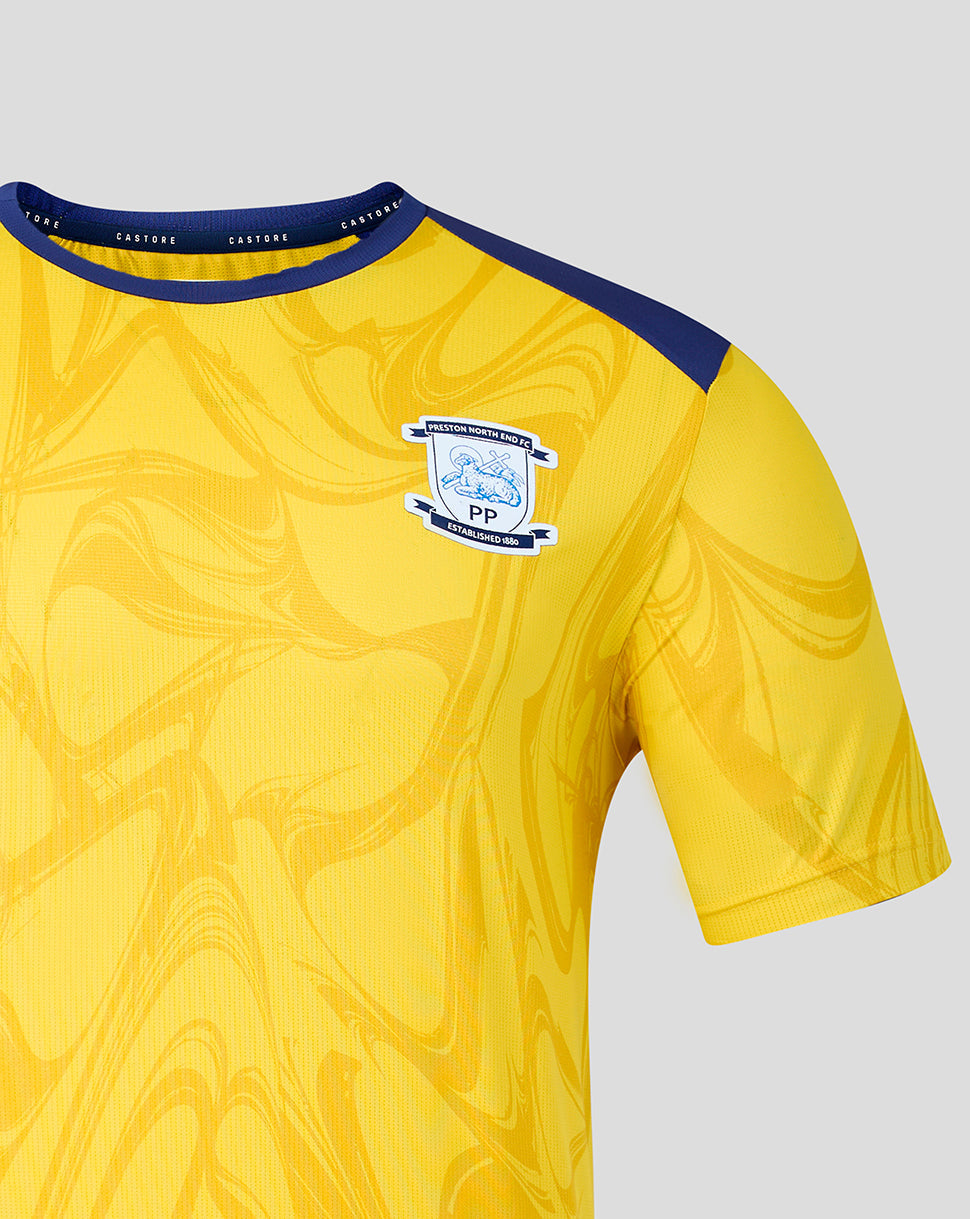 Yellow sports jersey with a logo on a gray background