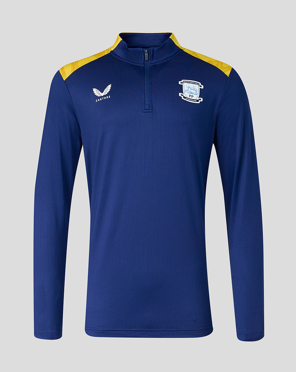 Blue long-sleeve sports shirt with yellow shoulders on a gray background