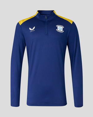 Blue long-sleeve sports shirt with yellow shoulders on a gray background