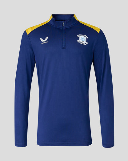Blue long-sleeve sports shirt with yellow shoulders on a gray background
