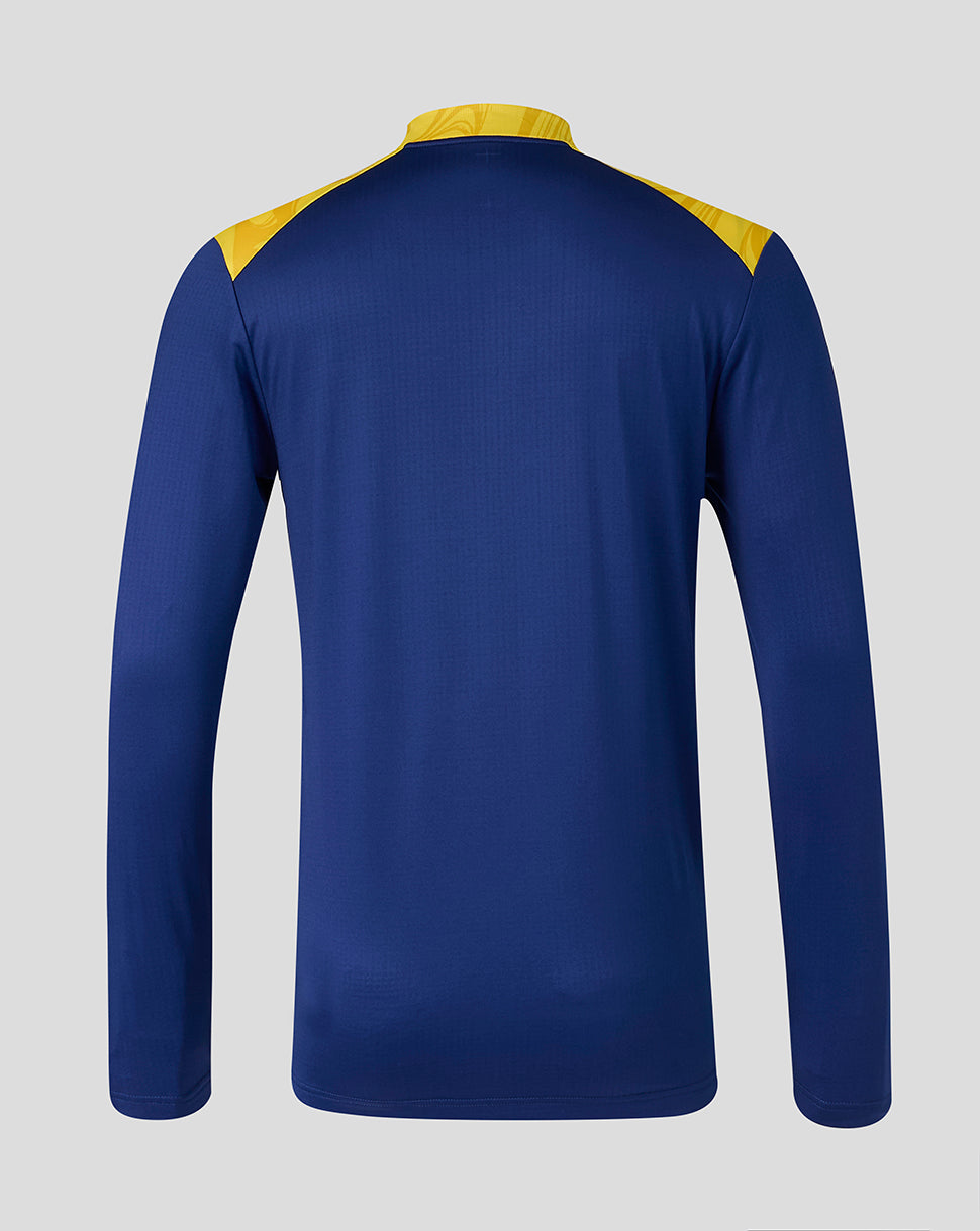Blue long-sleeve shirt with yellow accents on a gray background