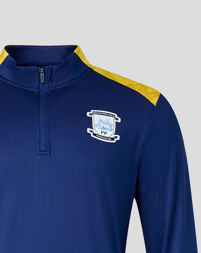 Navy blue pullover with yellow shoulders featuring a logo on a light gray background