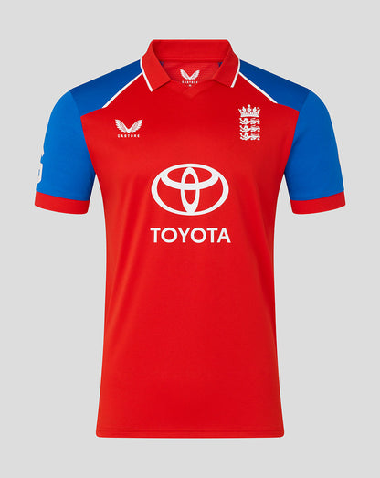 Red and blue sports jersey with Toyota logo on a gray background