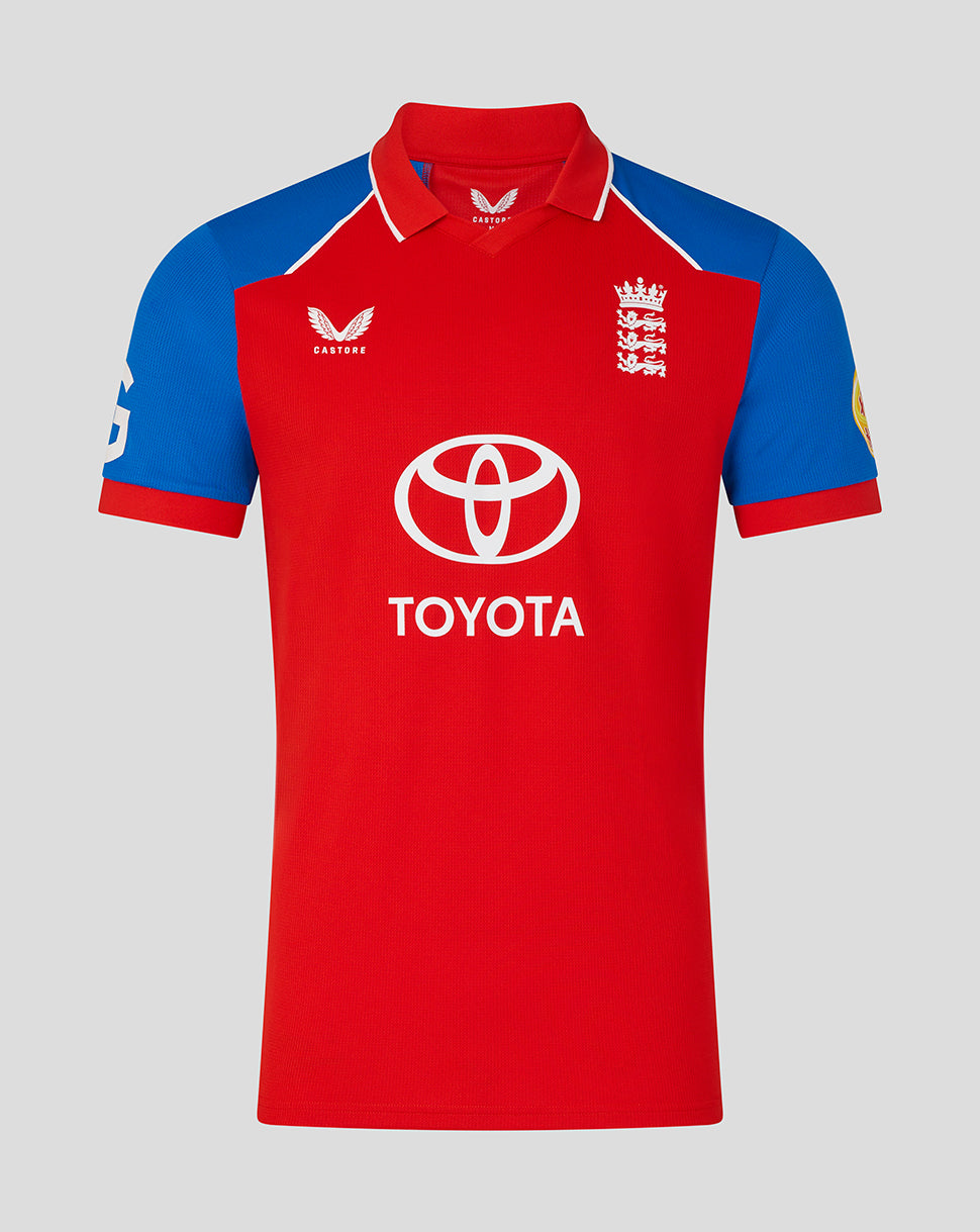 Red and blue sports jersey with Toyota logo on a gray background