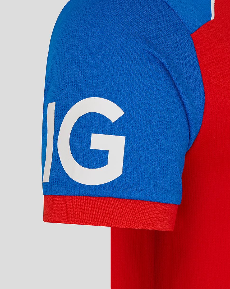 Close-up of a blue and red sports jersey with a prominent 'IG' logo.