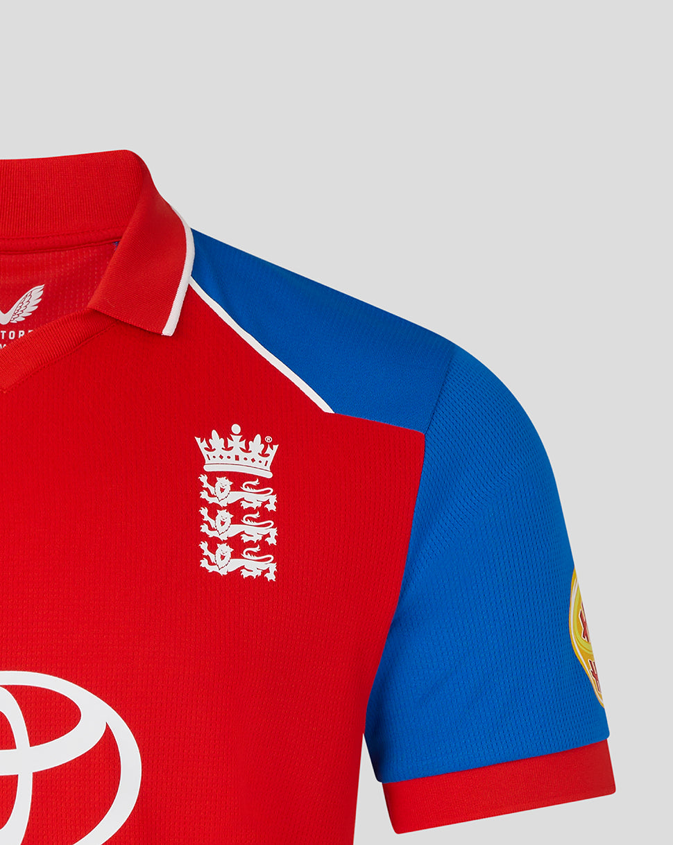 Red and blue sports jersey with a logo on a gray background