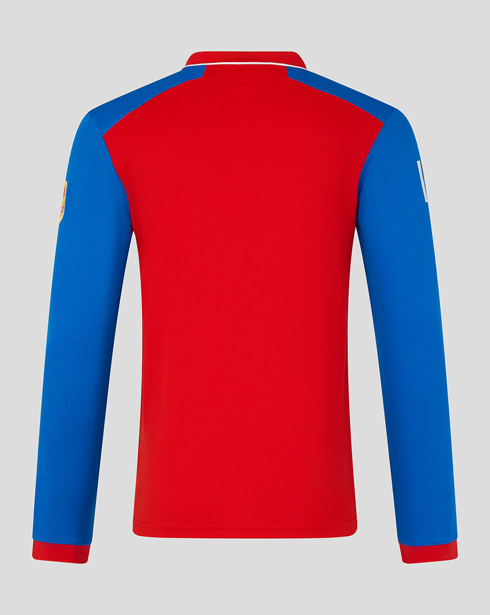 Red and blue long-sleeve shirt on a gray background