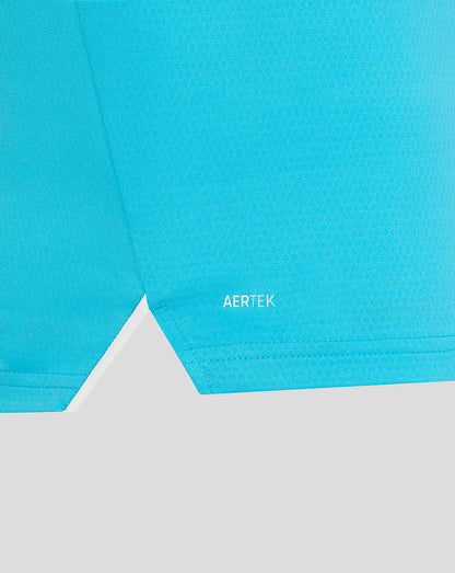 Close-up of a blue fabric with 'AERTEK' branding on a light gray background