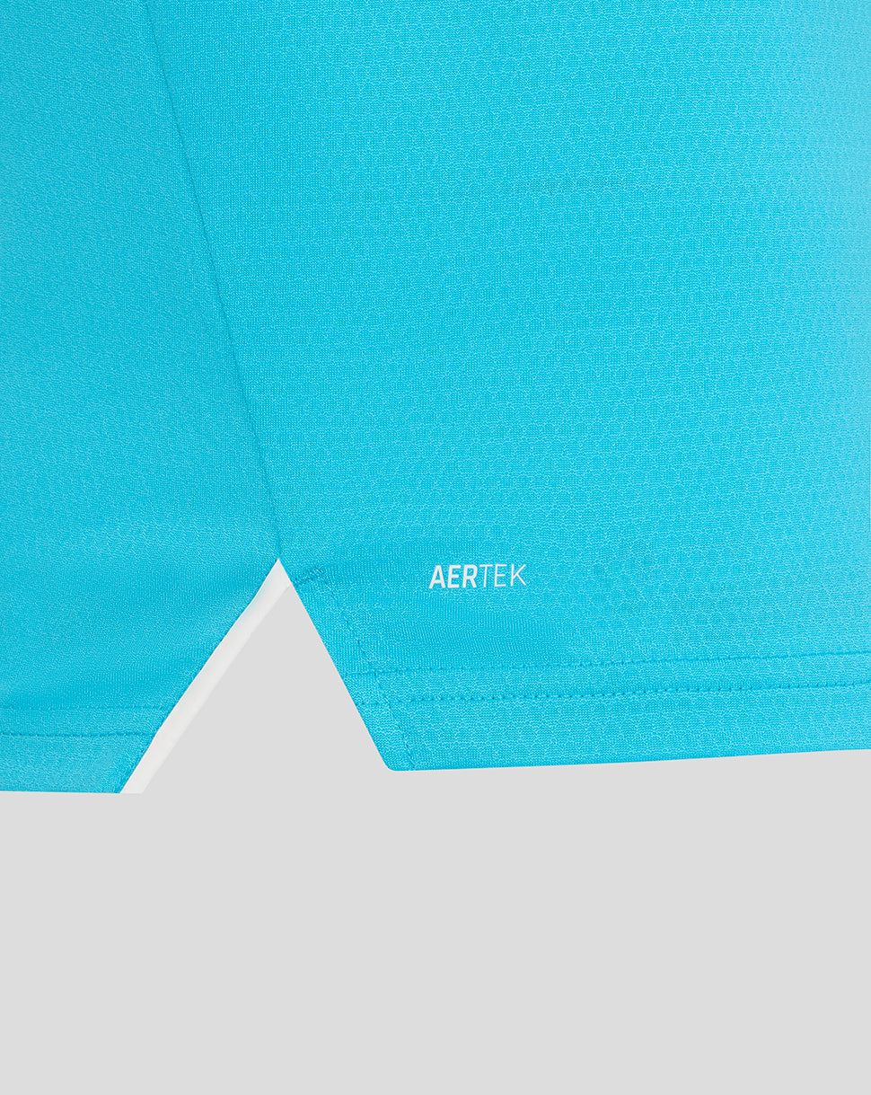 Close-up of a blue fabric with 'AERTEK' branding on a light gray background