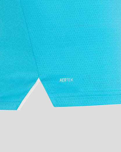 Close-up of a blue fabric with 'AERTEK' branding on a light gray background