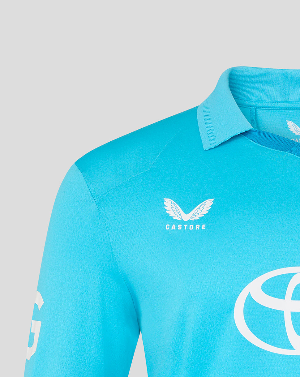 Blue sports jersey with Toyota and Castore logos on a gray background