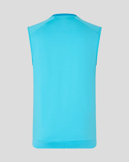 Blue sleeveless top on a light gray background