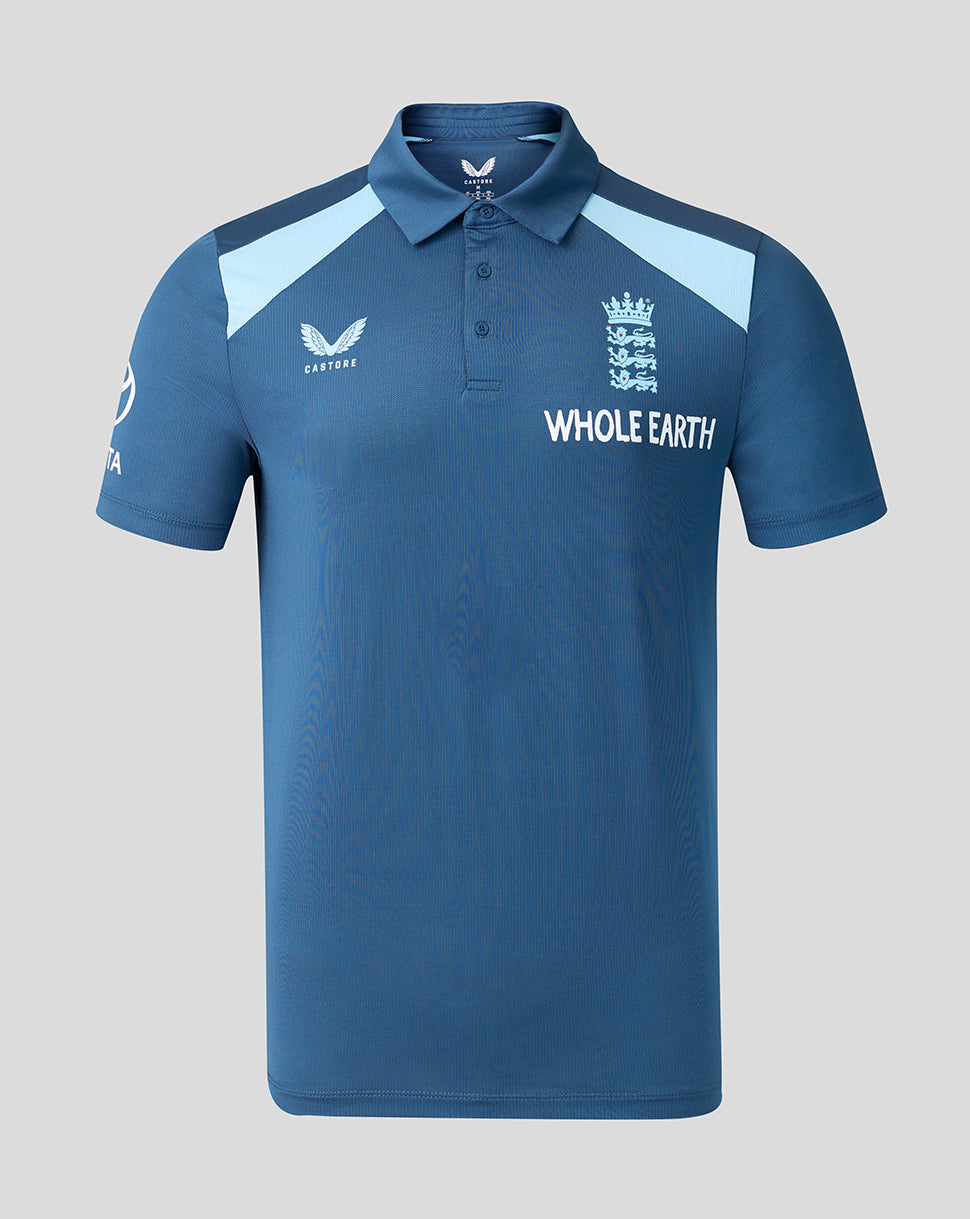 Blue polo shirt with branding on a gray background