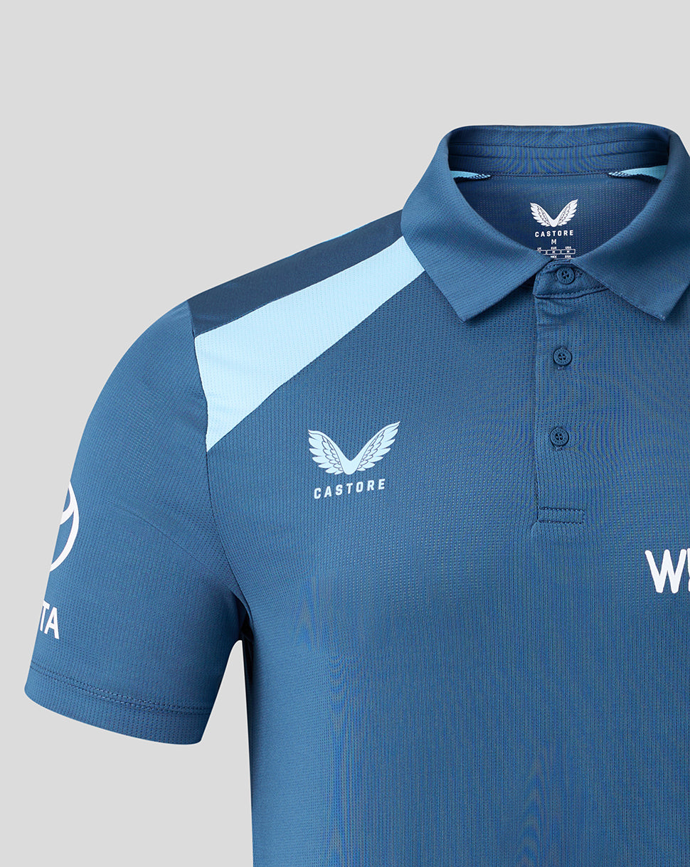 Blue polo shirt with white logo and text on a light gray background
