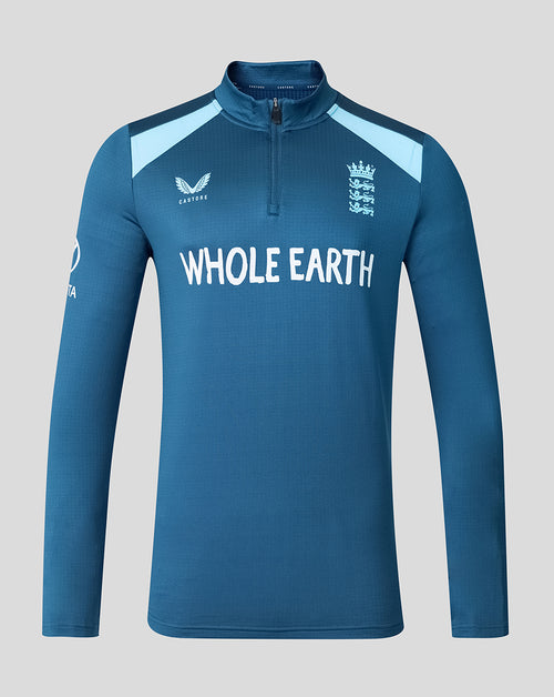 Blue sports jersey with 'Whole Earth' and logo on a gray background