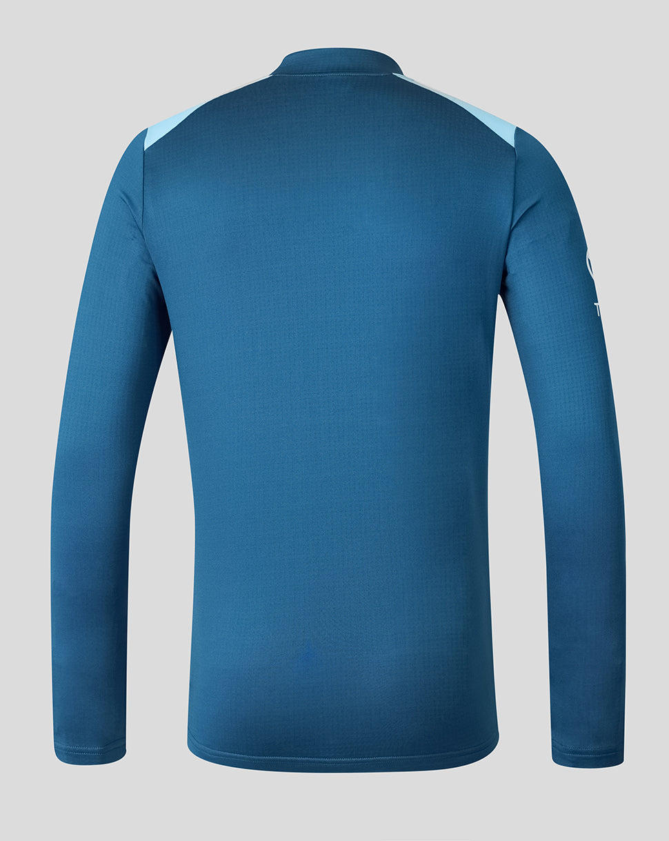 Blue long-sleeve shirt on a gray background