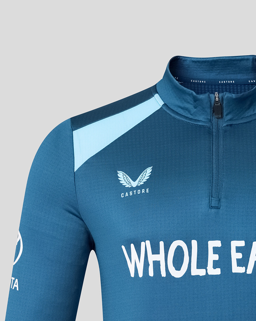 Blue athletic jacket with 'Castore' logo and text on a gray background