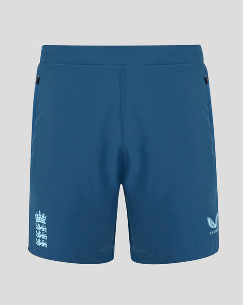 Blue shorts with white logos on a gray background
