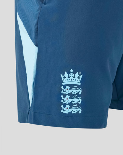Blue sports shorts with a white logo on a light gray background