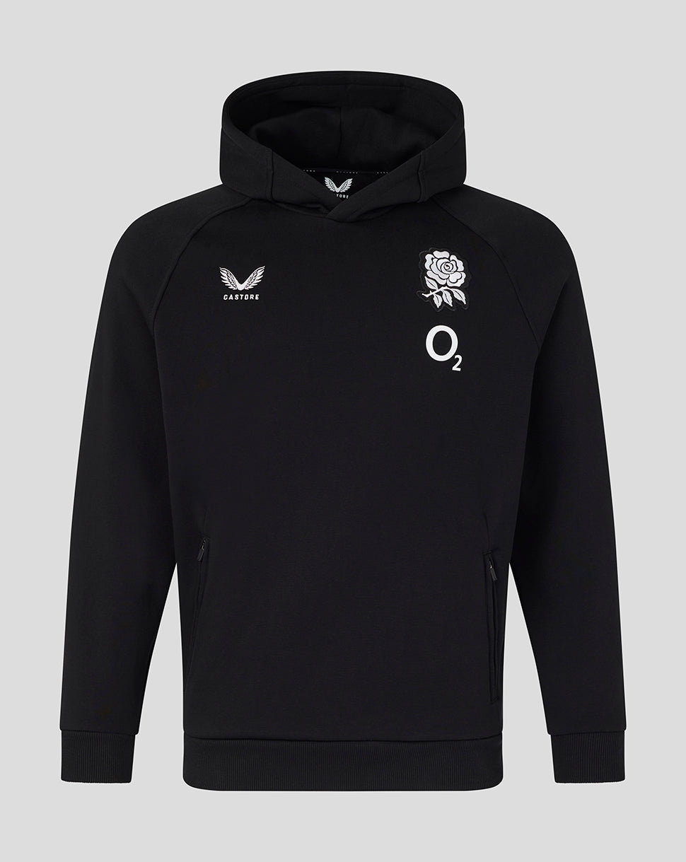 Black hoodie with logos on a gray background