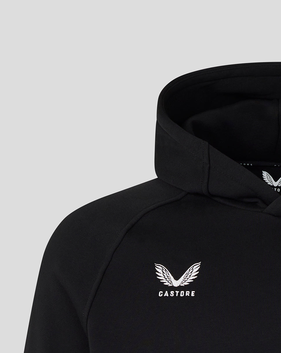 Black hoodie with a white logo and text on a light gray background