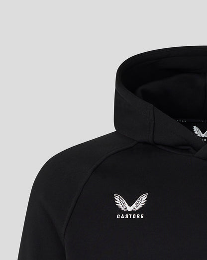 Black hoodie with a white logo and text on a light gray background