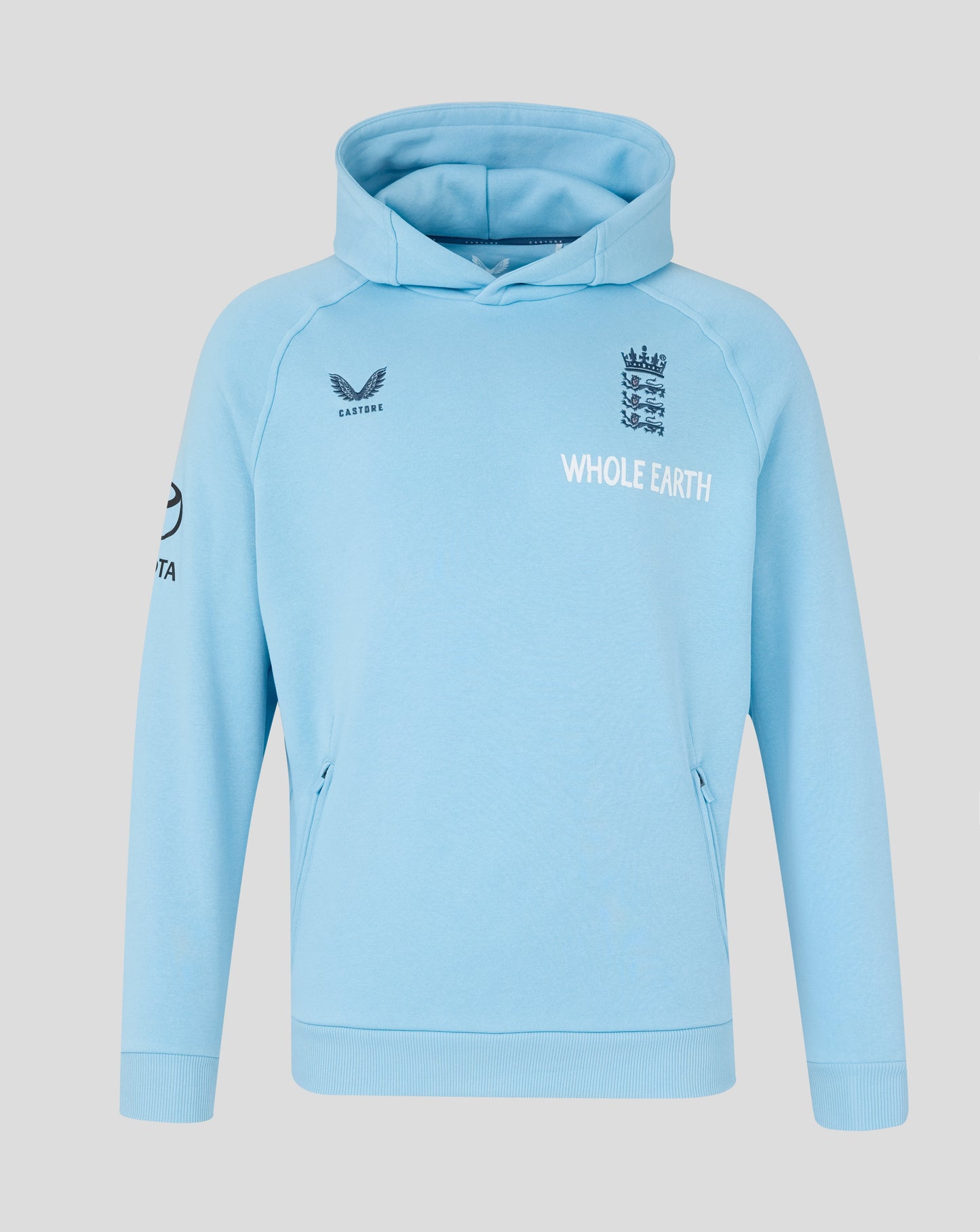 Light blue hoodie with branding on a light gray background