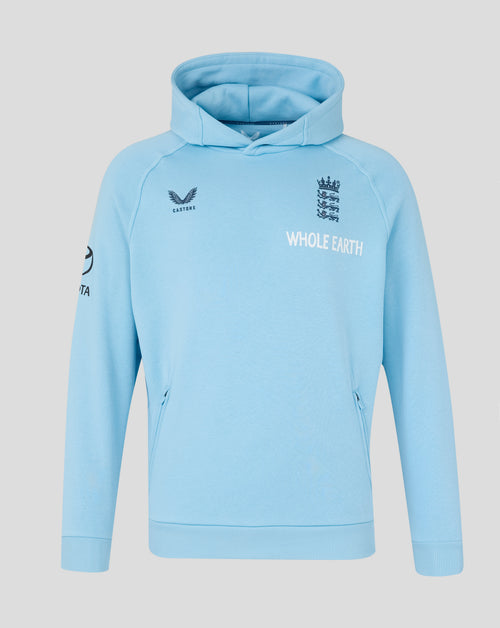 Light blue hoodie with branding on a light gray background