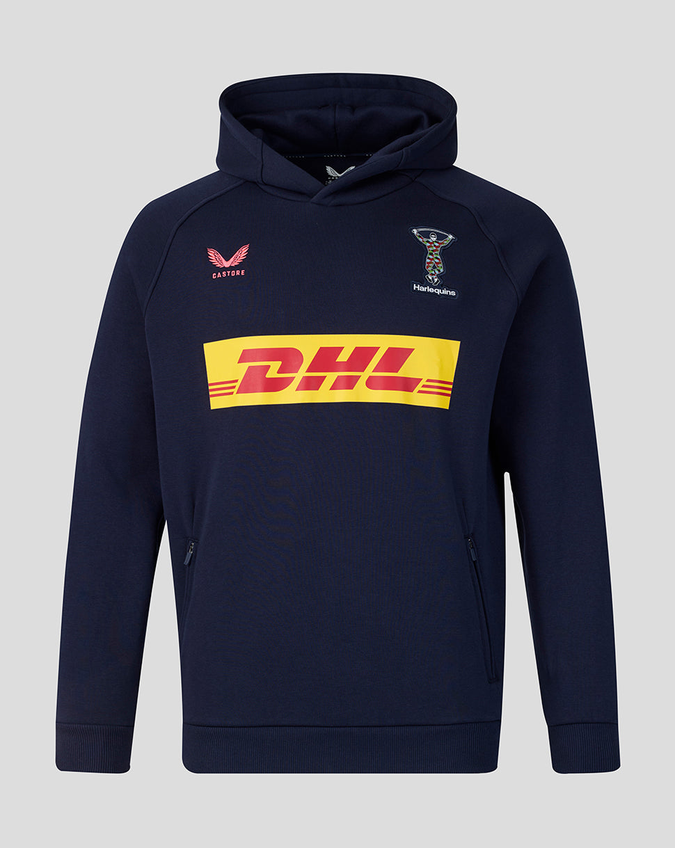 Navy hoodie with DHL logo on a gray background