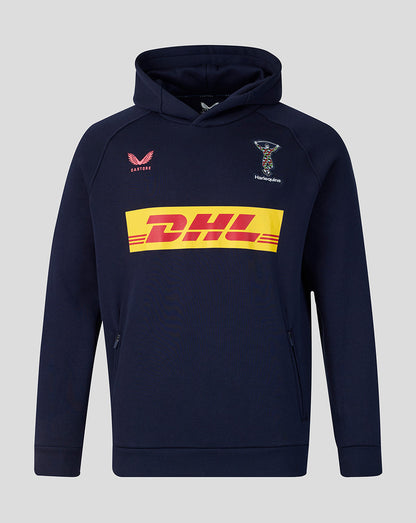 Navy hoodie with DHL logo on a gray background