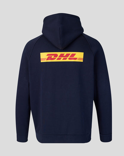 Navy blue hoodie with DHL logo on the back against a light gray background
