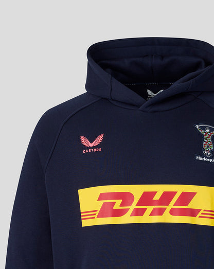 Navy hoodie with DHL logo on a light gray background