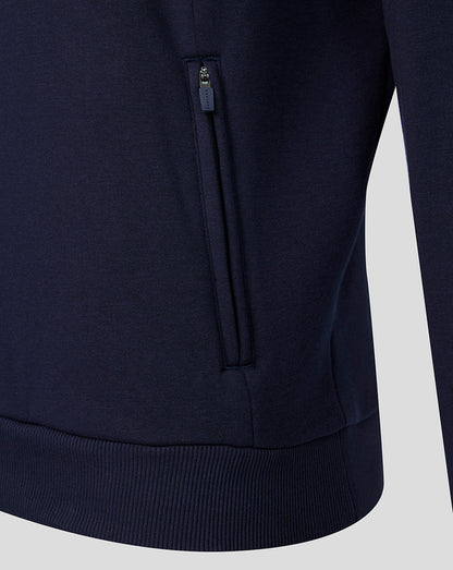 Navy blue hoodie with a zipper on a light gray background