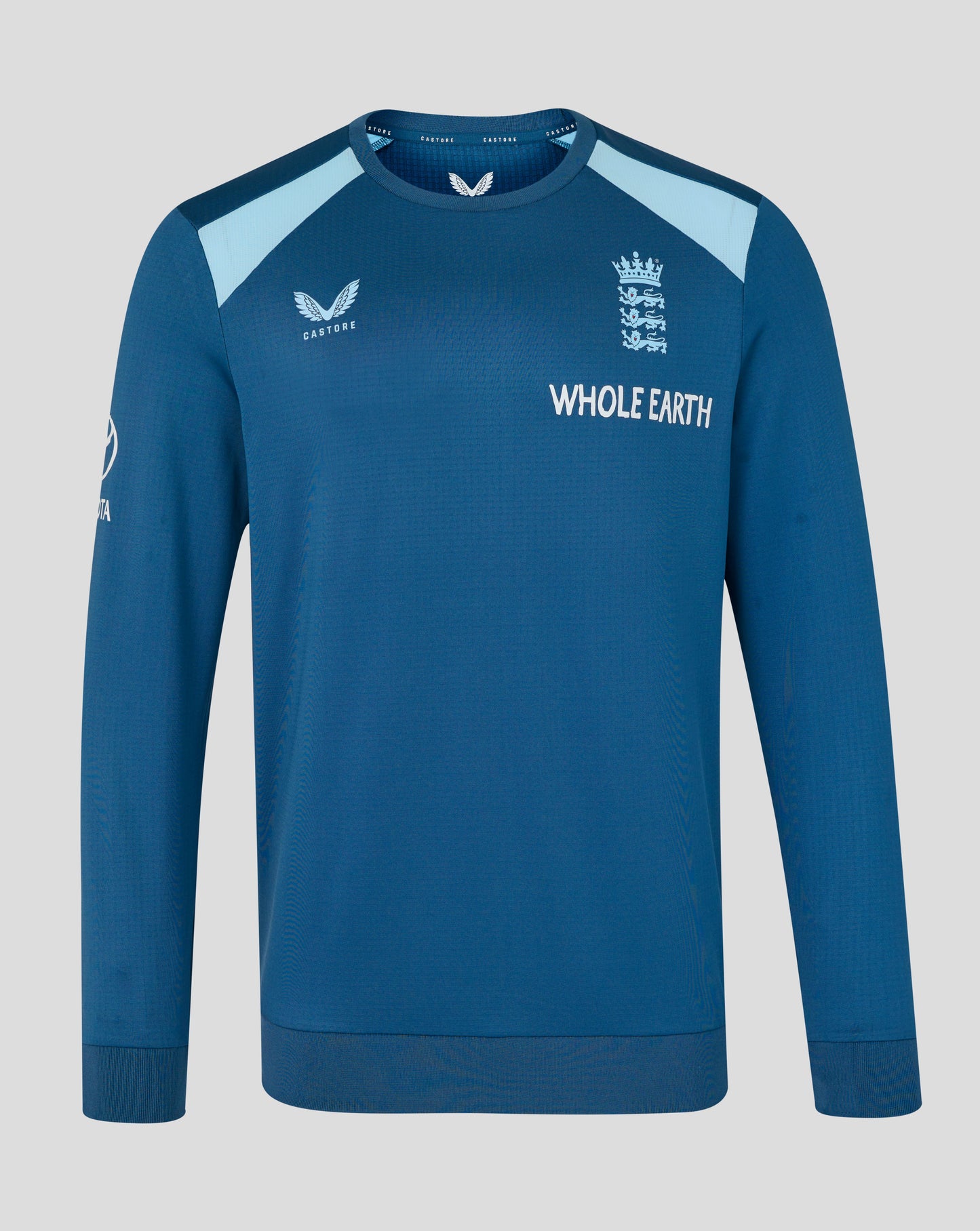Blue sweatshirt with branding on a gray background