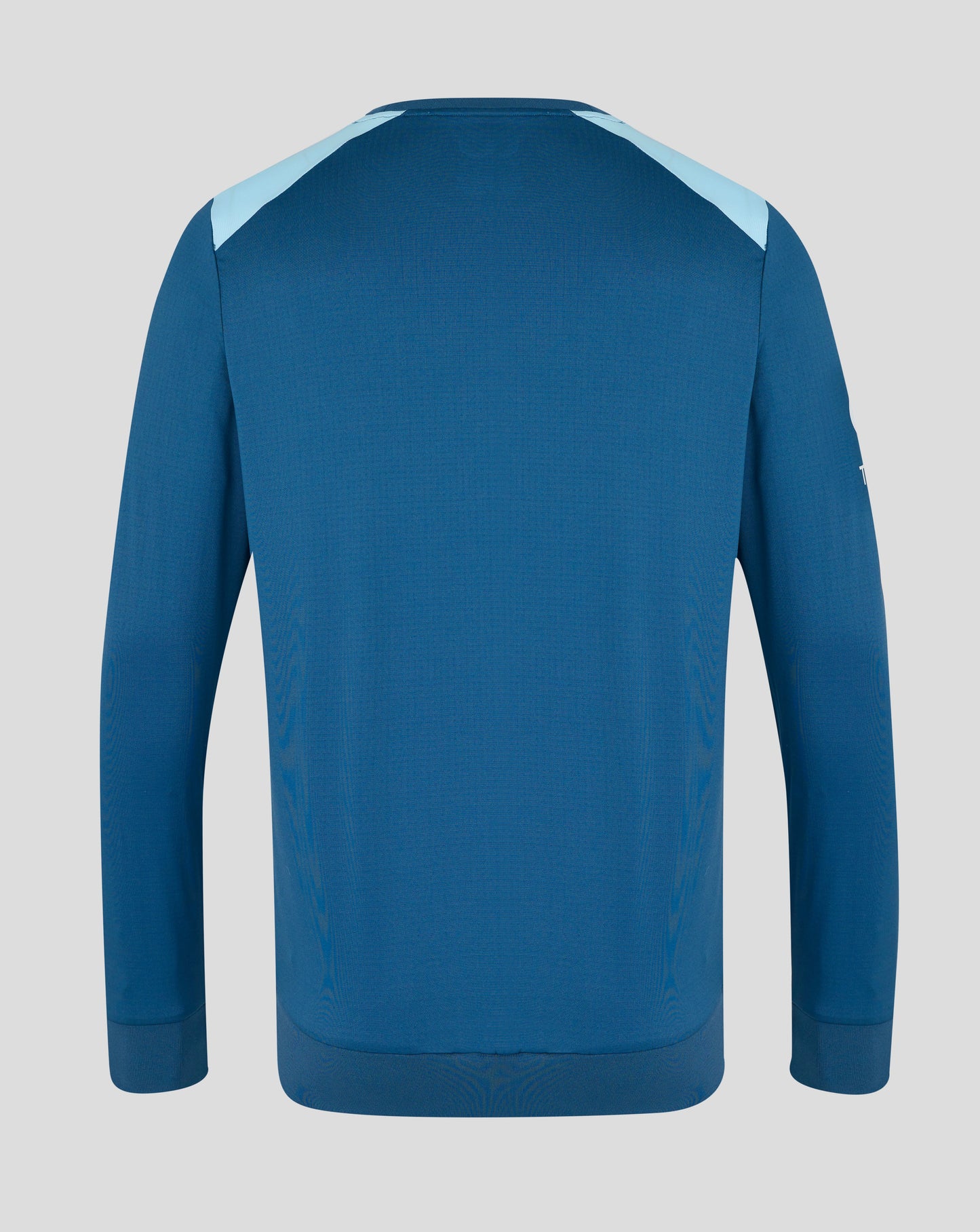 Blue long-sleeve shirt with light blue accents on a gray background