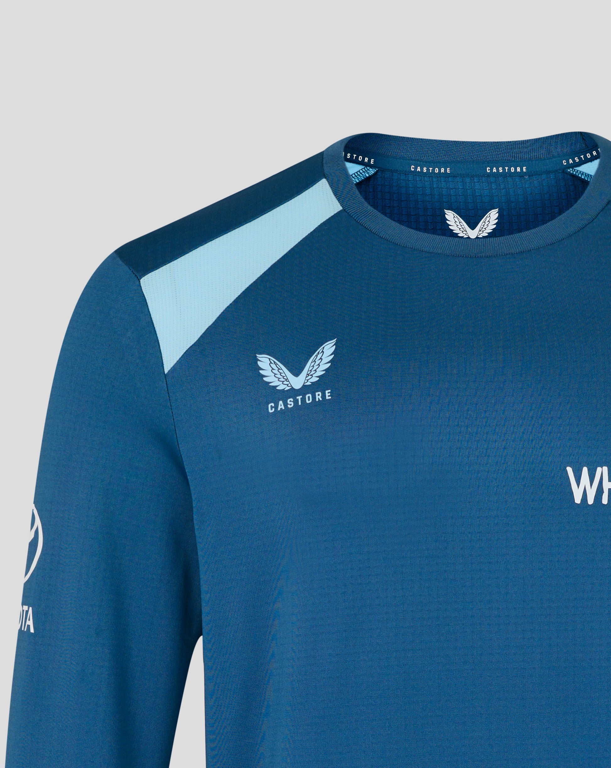 Blue athletic shirt with white logo and text on a light gray background