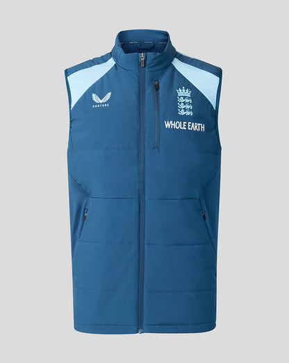 Blue and white vest with branding on a gray background