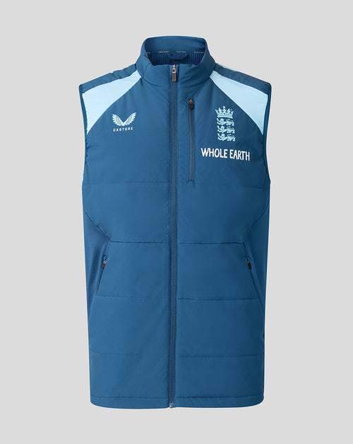 Blue and white vest with branding on a gray background