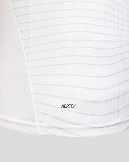 Close-up of a white shirt with 'AERTEK' branding.