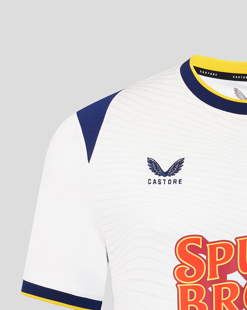 White sports jersey with blue sleeves and colorful text on a gray background