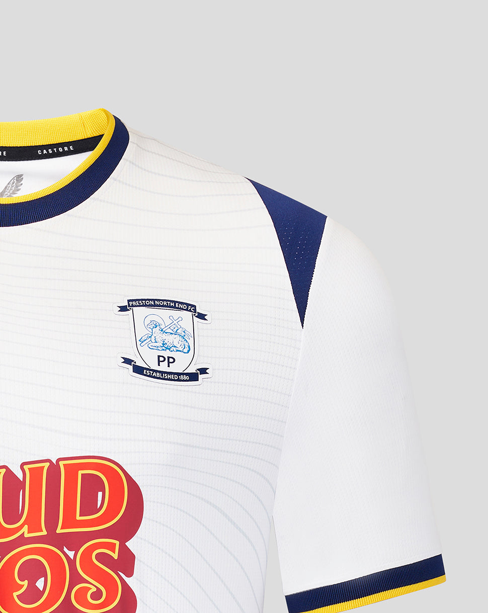 White sports jersey with blue and yellow accents, featuring a logo and text on a light gray background.