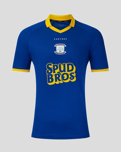 Blue sports jersey with yellow accents and 'Spud Bros' text on a gray background