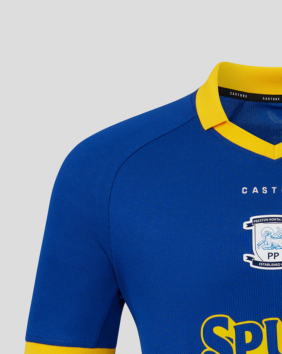 Blue sports jersey with yellow accents and a visible brand logo on a gray background