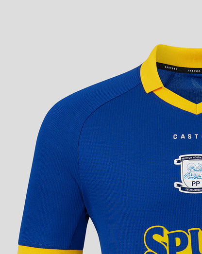Blue sports jersey with yellow accents and a visible brand logo on a gray background