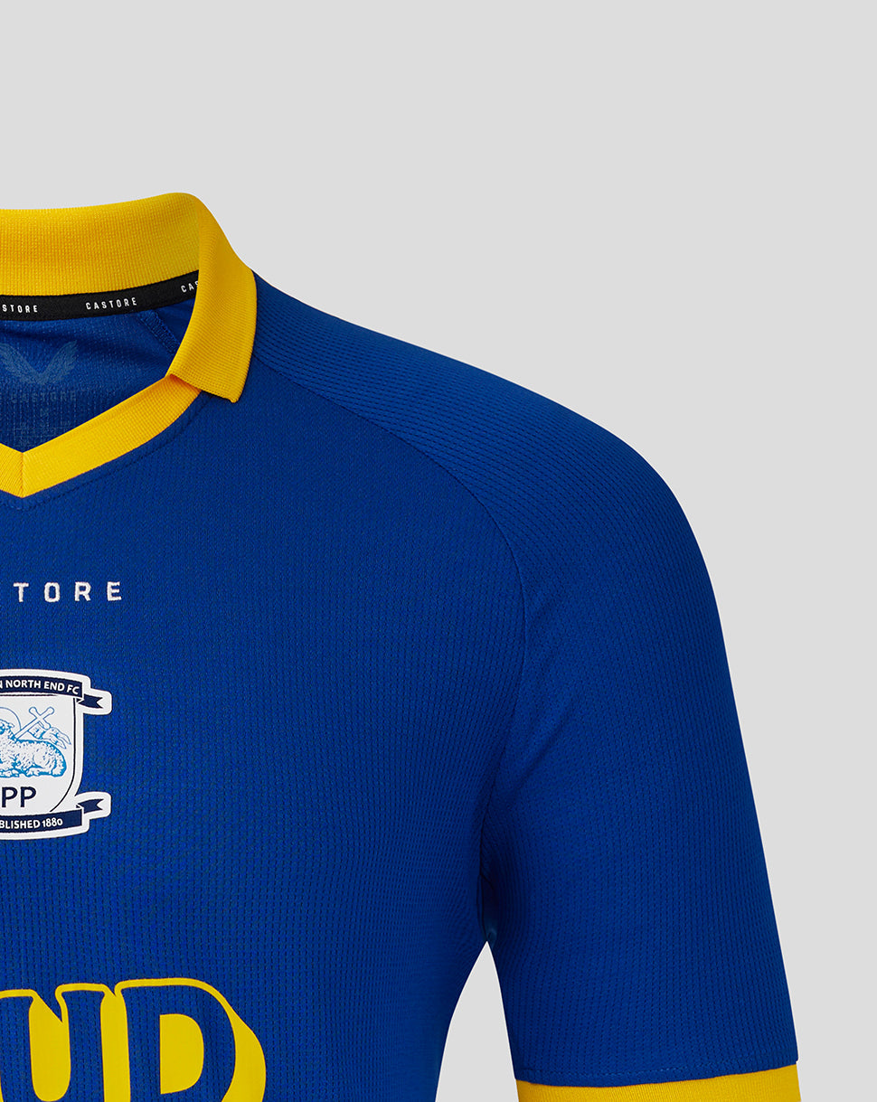 Blue sports jersey with yellow accents on a gray background