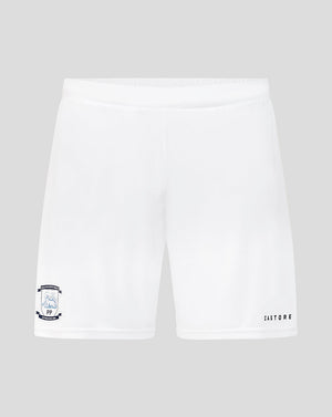 White shorts with brand logos on a light gray background