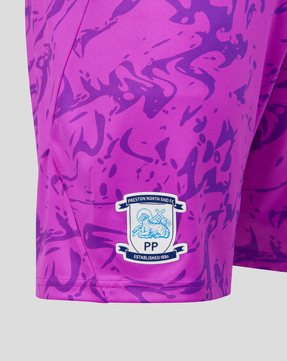 Purple shorts with a logo and text on a white background