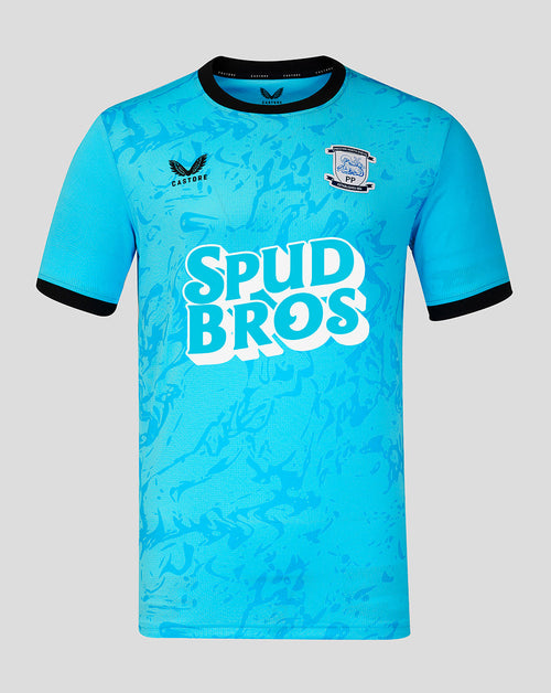 Blue sports jersey with 'Spud Bros' text and logo on a gray background